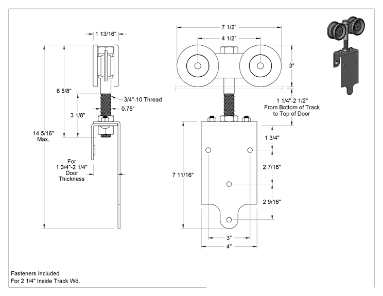 Teknik Çizim - Rulo Rayı için Montaj Plakalı Askı, Çinko Kaplı Çelik, 1-3/4" ila 2-1/4" Kapı Kalınlığı için