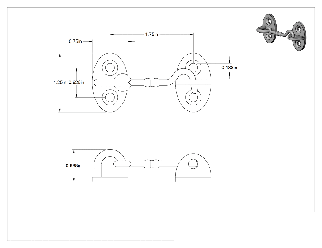 Teknik Çizim - 2" Kol Uzunluğuna Sahip Krom Pirinç Salıncaklı Kanca Mandalı