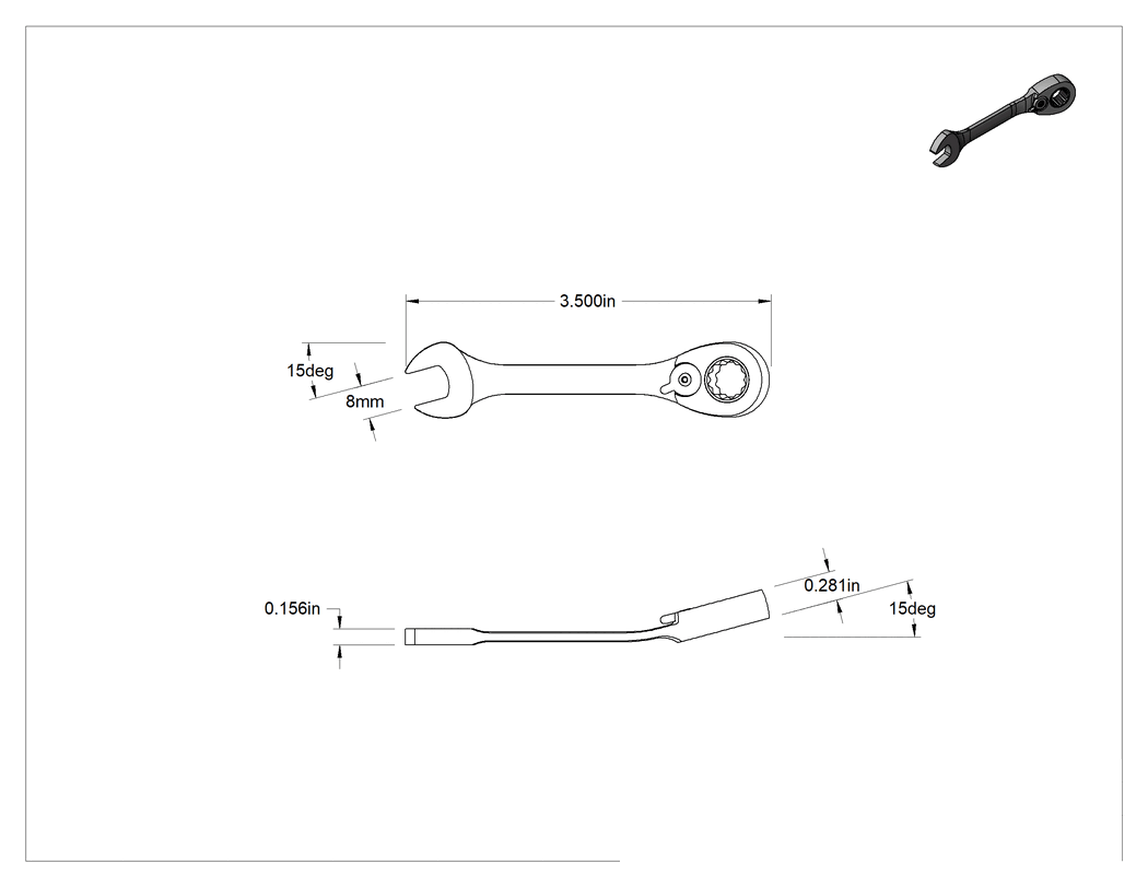 Teknik Çizim - Kısa Cırcırlı Kombinasyon Anahtarı, Ters Çevrilebilir, 8 mm Boyut, 3-1/2" Toplam Uzunluk