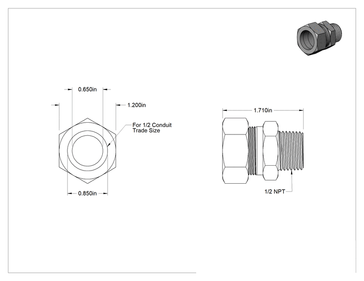 Teknik Çizim - Sert Paslanmaz Çelik Kanal için 1/2 Dişi - 1/2 NPT Erkek Adaptör