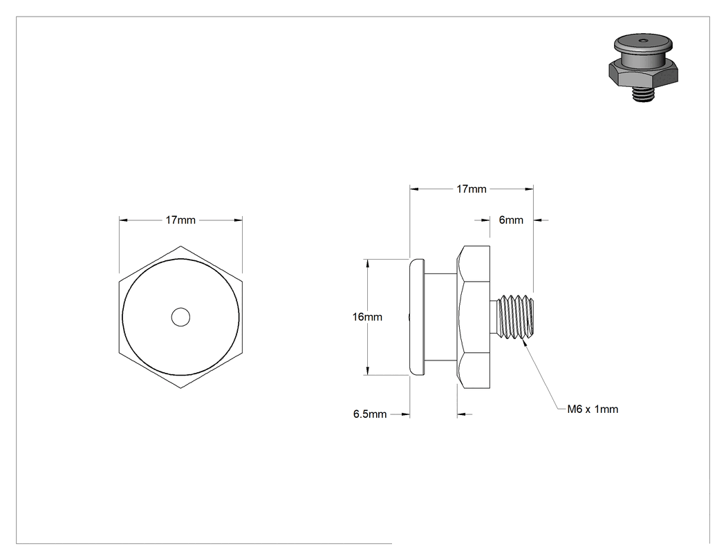 Teknik Çizim - Gres Bağlantı Elemanı, Düğme Başlı, M6 x 1 mm Erkek, 303 Paslanmaz Çelik, 17 mm Toplam Yükseklik