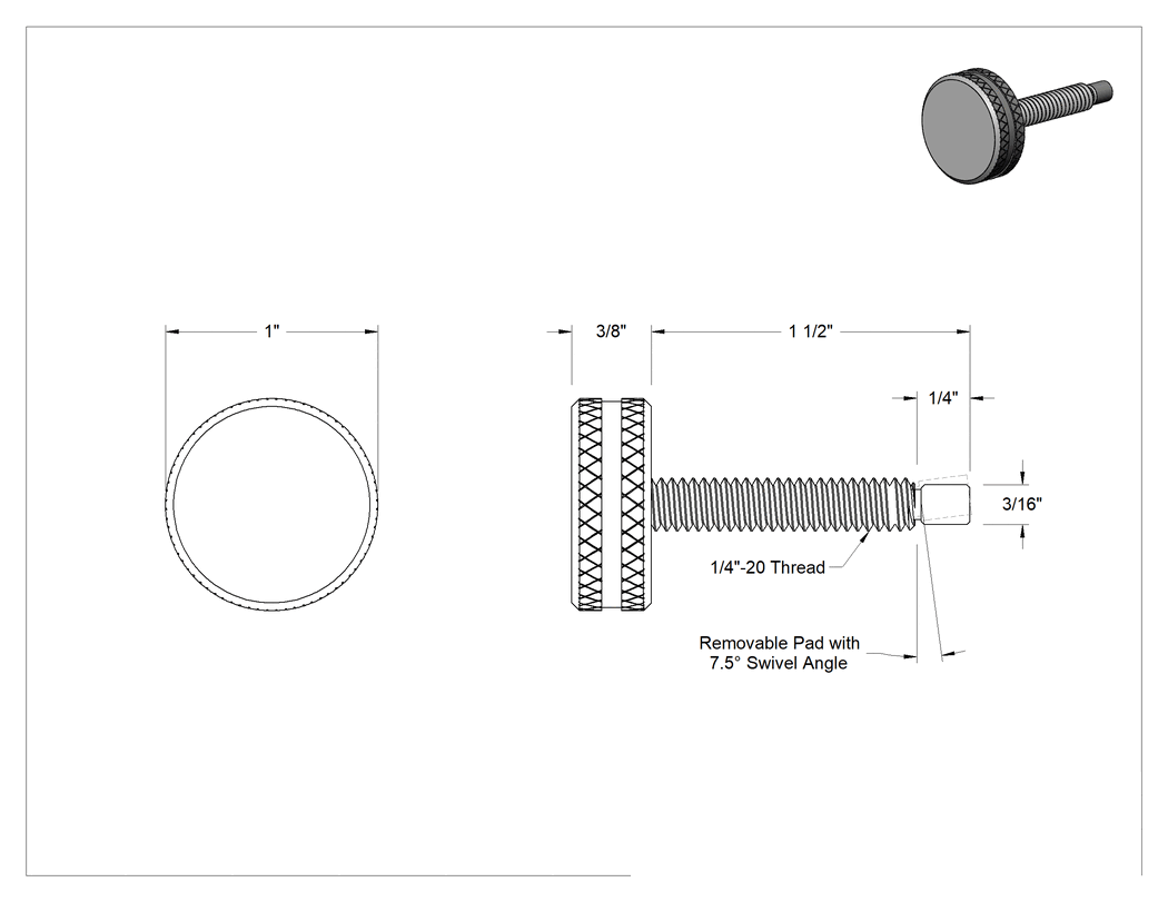 Teknik Çizim - Döner uçlu parmak vidası, 1/4"-20 Diş Boyutu, 1-1/2" Uzunluk