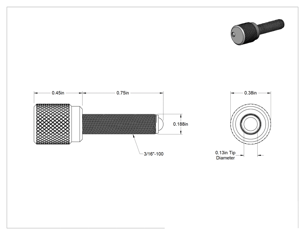 Teknik Çizim - Ultra İnce Dişli Plastik Başlı Tırtıllı El Vidası, 3/16"-100 Diş Boyutu, 3/4" Uzunluk