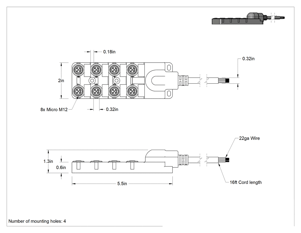 Teknik Çizim - Dağıtım Bloğu, Sekiz M12 Çıkışlı Mikro M12 Kablo, 16 Fit Uzunlukta Kablo