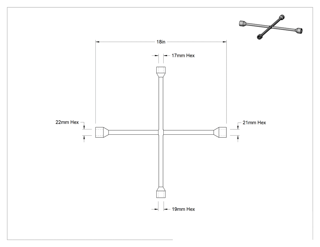 Teknik Çizim - Pabuçlu Soket Anahtarları, 18" Toplam Uzunluk