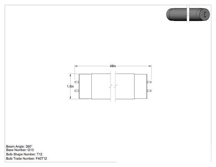 Teknik Çizim - Siyah Işık Mavi Ampul, T12, 40W, 48 inç Uzunluk, Cam, Anma Numarası F40T12