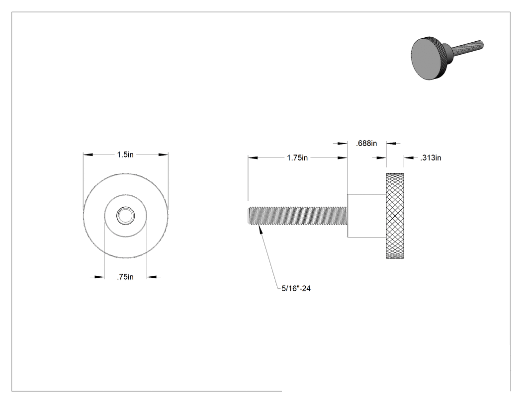 Teknik Çizim - Pirinç Topuz, 5/16"-24 Dişli 1-3/4" Uzunlukta Saplamalı, 1-1/2" Başlık Çapı