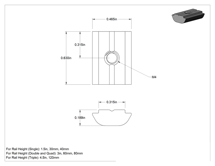 Teknik Çizim - Takılabilir T-Yivli Çerçeve Bağlantı Elemanları, 1.5" için Kendinden Hizalamalı Somun, 30 mm ve 40 mm Ray, M4 Diş