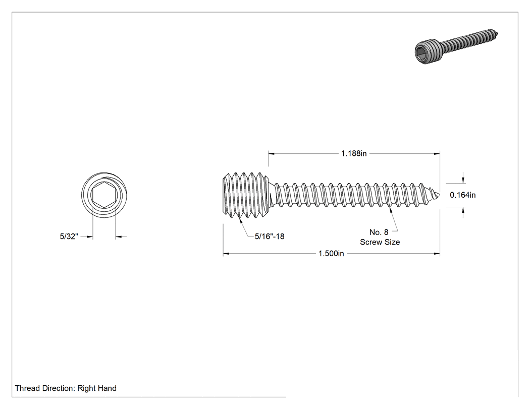 Teknik Çizim - Altıgen Tahrikli Ahşap Vida Dişli Saplama, 1-1/2" Uzunluk