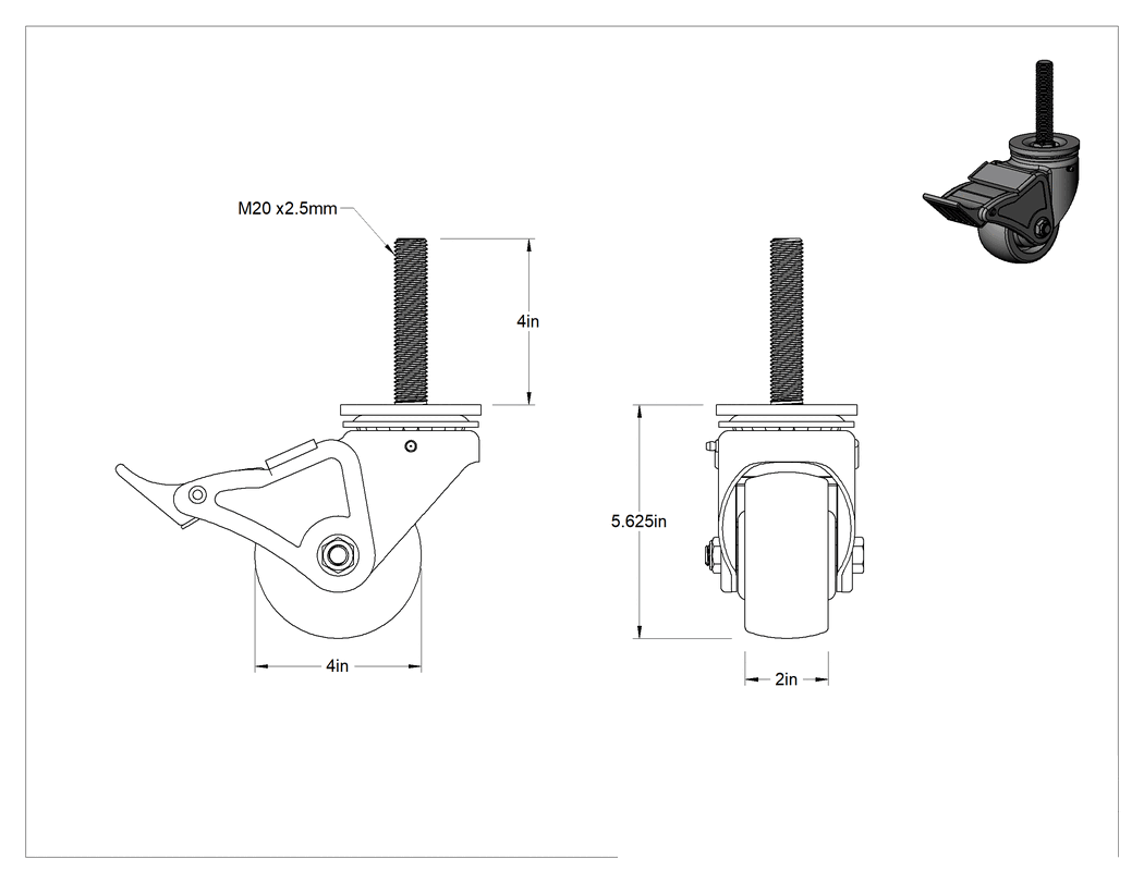 Teknik Çizim - Paslanma ve Aşınmaya Dayanıklı Dişli Saplı Döner Tekerlek, Total Locklu, Paslanmaz Çelik, 4" Çap x 2" Genişlikte Tekerlek