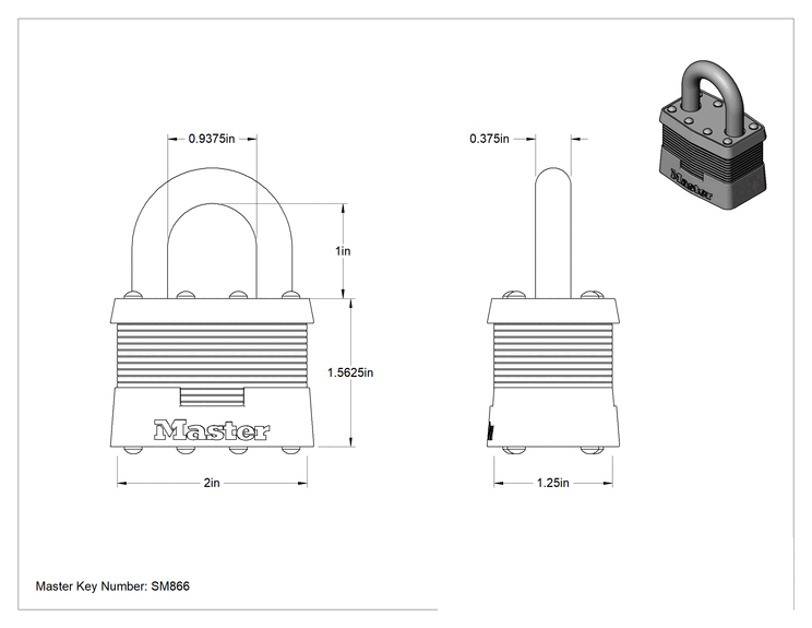 Teknik Çizim - Lamine Çelik Gövdeli Asma Kilit, Master Lock 5, ana anahtarlı, 1" dikey açıklık