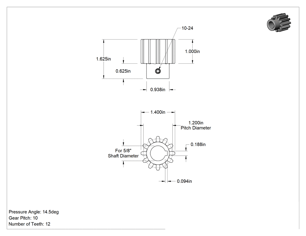 Teknik Çizim - Metal Dişli - 14-1/2 Derece Basınç Açısı, Setskur ile Anahtarlı Delik, 10 Adım, 12 Diş