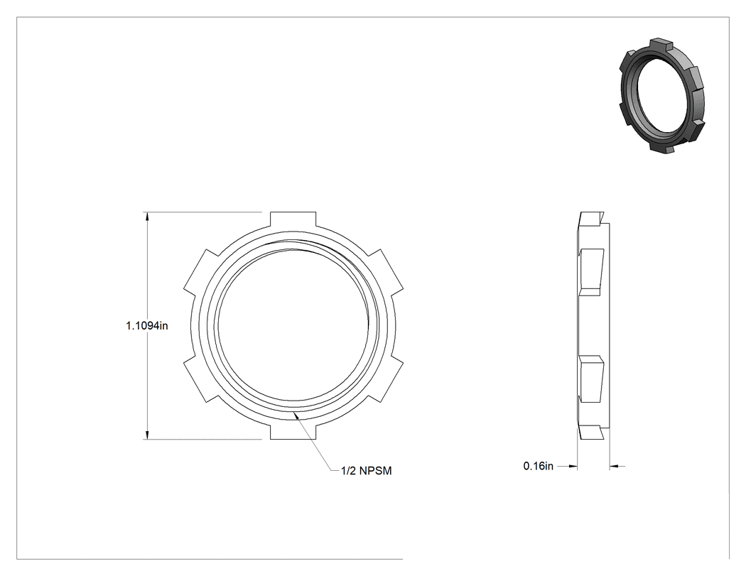 Teknik Çizim - Metal Kanal için 1/2 NPSM Alüminyum Kilit Somunu