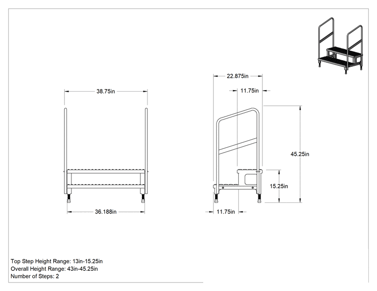 Teknik Çizim - Yüksekliği Ayarlanabilir Çalışma Platformu, 2 Basamak ve Korkuluk, 43"-45.25" Yükseklik x 38" Genişlik x 23" Derinlik Toplam