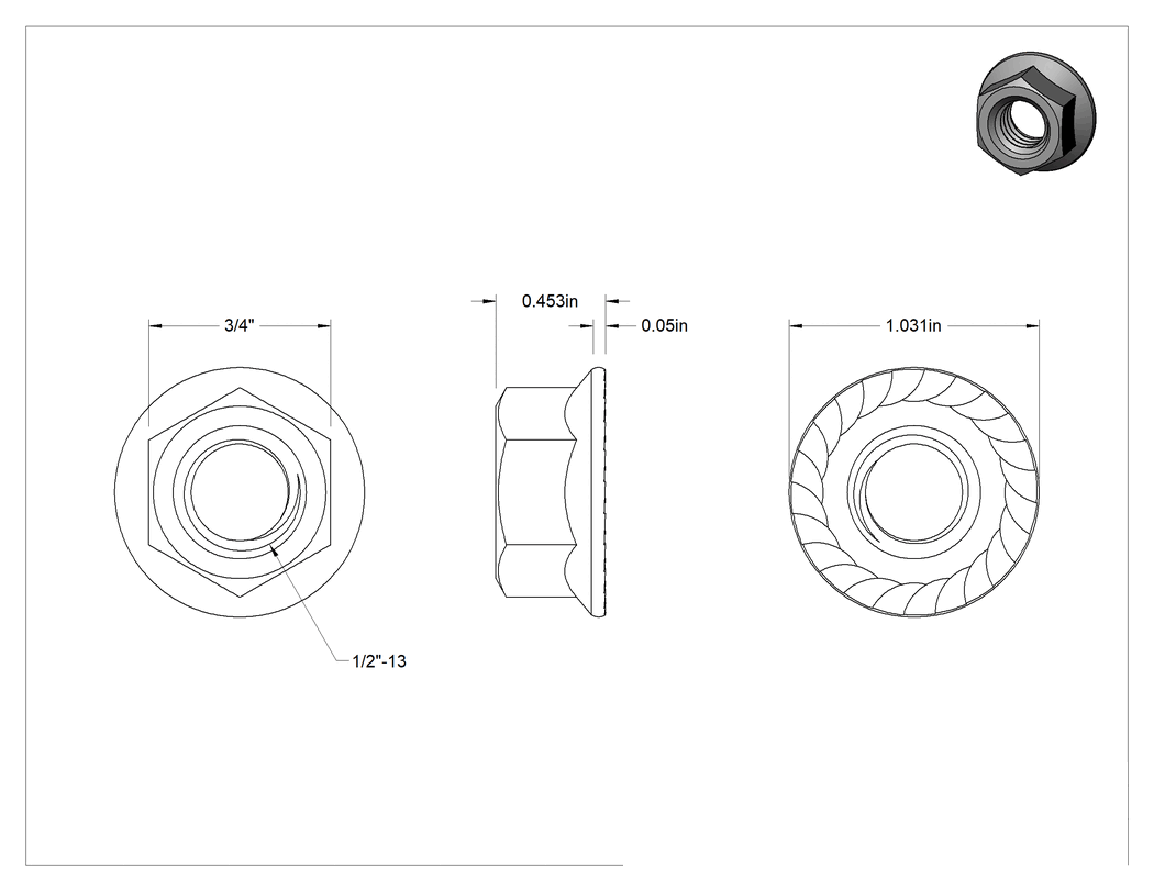 Teknik Çizim - Yüksek Mukavemetli Çelik Tırtıklı Flanşlı Somun, Sınıf 8, Siyah Oksit, 1/2"-13 Diş Boyutu