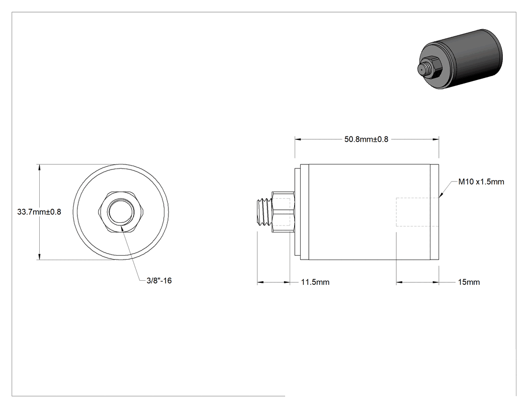 Teknik Çizim - 304 Paslanmaz Çelik Hijyenik Erkek-Dişi Dişli Ara Parçası, Silikon Conta, 33.7 mm Dış Çap, 50.8 mm Uzunluk