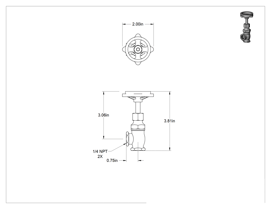 Teknik Çizim - Bronz Akış Ayar Vanası, Basınç Sınıfı 125, Dirsek, Pirinç Disk, 1/4 NPT Dişi