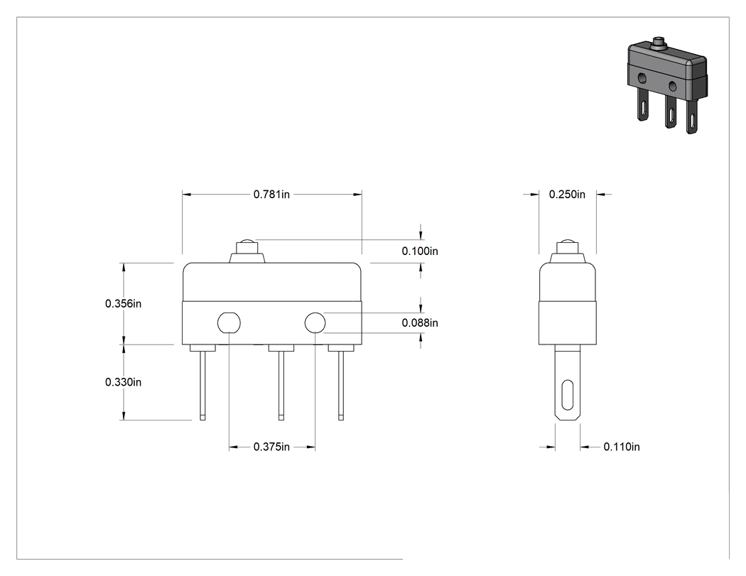 Teknik Çizim - Hafif Dokunmalı Mikro Ani Hareketli Anahtar, Pistonlu Aktüatör ve Faston Terminali, 11A @ 125V AC/250V AC