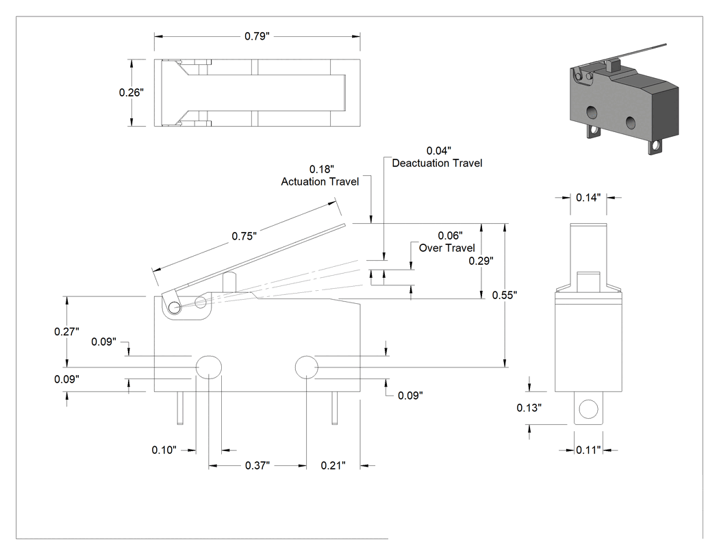 Teknik Çizim - Subminyatür Anında Çalışan Anahtar, Kol Aktüatör ve Tırnak Terminalli, SPST-NC, 10A@250V AC