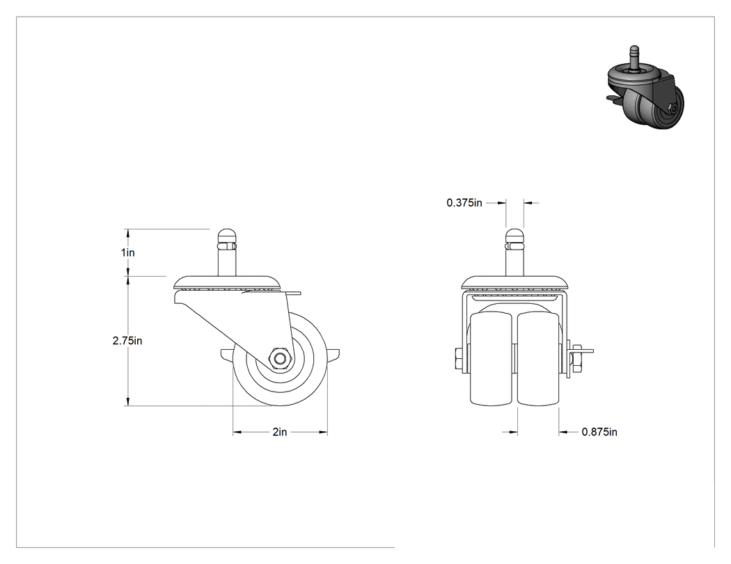 Teknik Çizim - Tutuş Halkalı Sürtünmeli Tutuşlu Saplı Tekerlek, Frenli Döner Tekerlek, 2' Çaplı Sert Kauçuk Tekerlek, 3/8" Mil Çapı