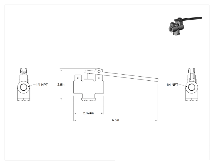 Teknik Çizim - Pirinç Gövde Çıtçıtlı Dişli Açma/Kapama Vanası, Çekmeyle Çalışan Kollu, 1/4 NPT Dişi, Düz