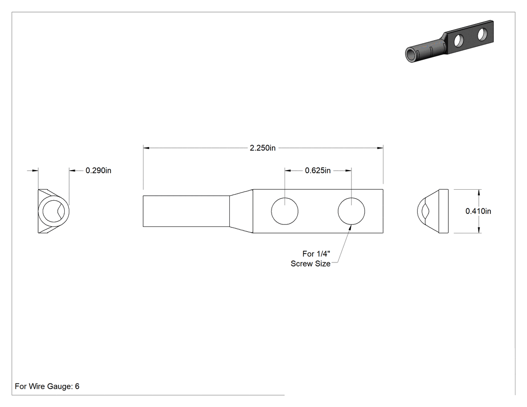 Teknik Çizim - Kalay Kaplı Bakır Sıkıştırma Pabucu, 2 Delikli, Tek Sıkma, 6 AWG ve 1/4" Vida Boyutu için