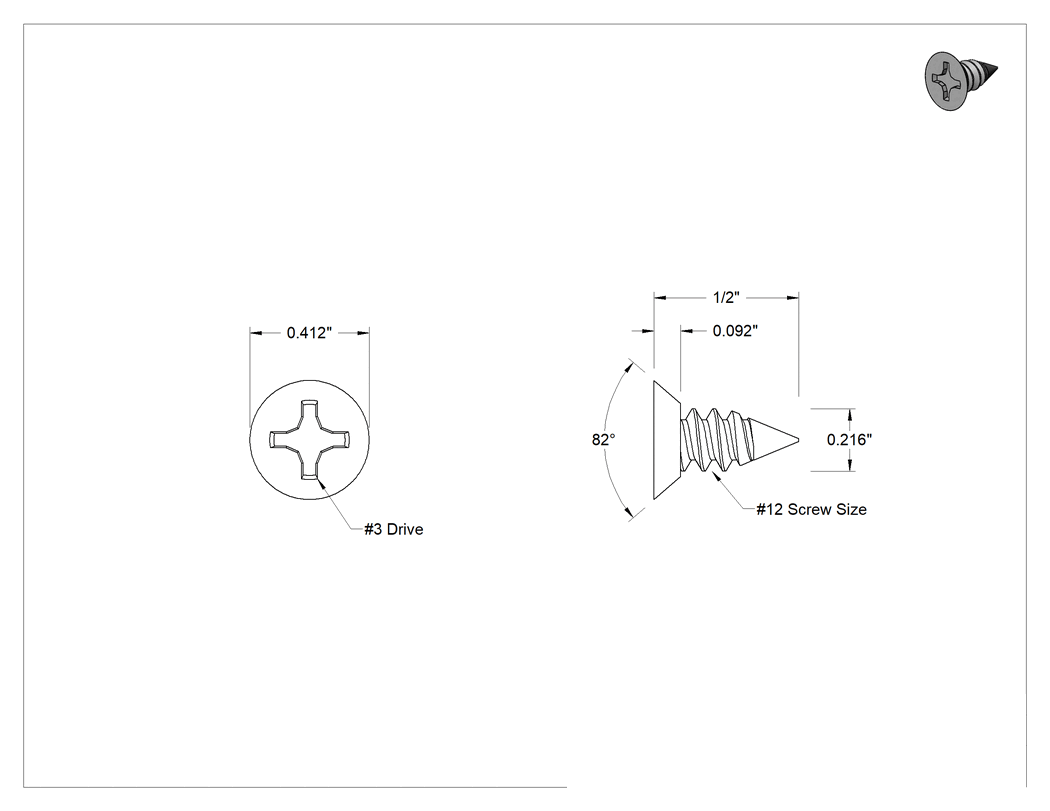 Teknik Çizim - 18-8 Paslanmaz Çelik Metal için Phillips Havşa Başlı Vidalar, 12 Numaralı Boyut, 1/2" Uzunluk