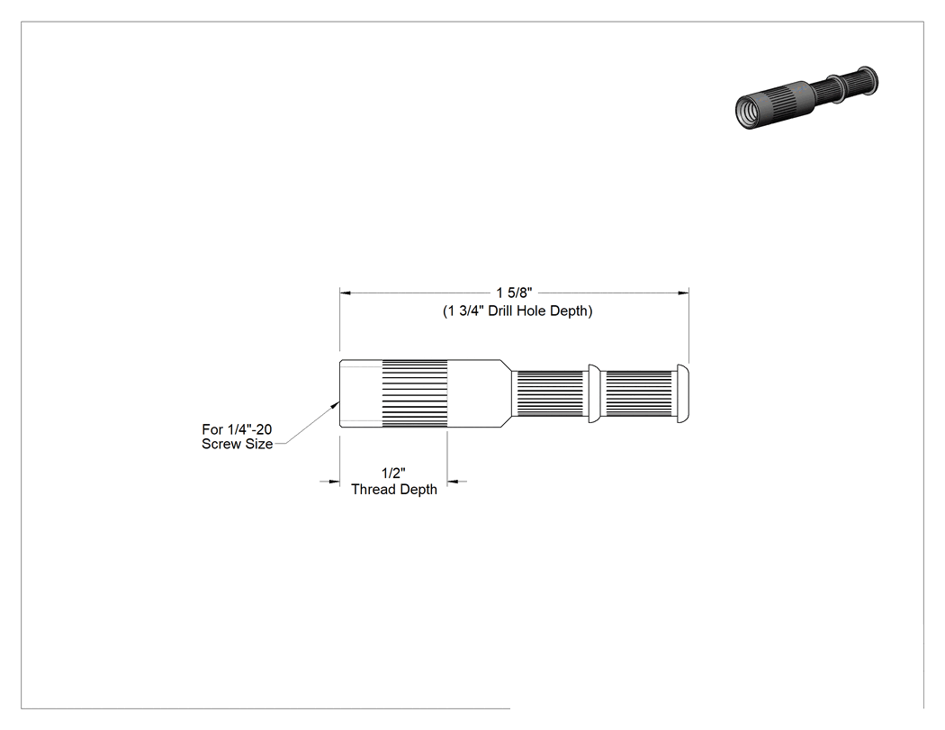 Teknik Çizim - Beton için Yüksek Mukavemetli Ankraj, Beton için, Çelik, 1/4"-20 Diş Boyutu