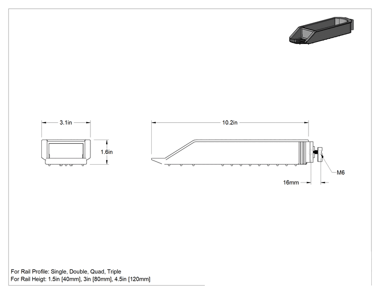 Teknik Çizim - T-Yivli Çerçeve, 1.5 inç ve 40 mm Yüksekliğinde Raylı Döner Tepsi, 3-3/16" Genişlik
