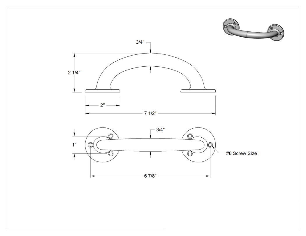 Teknik Çizim - Oval Çekme Kolu, Dişsiz Delik, Mat 300 Paslanmaz Çelik, 6-7/8" Merkezden Merkeze Genişlik