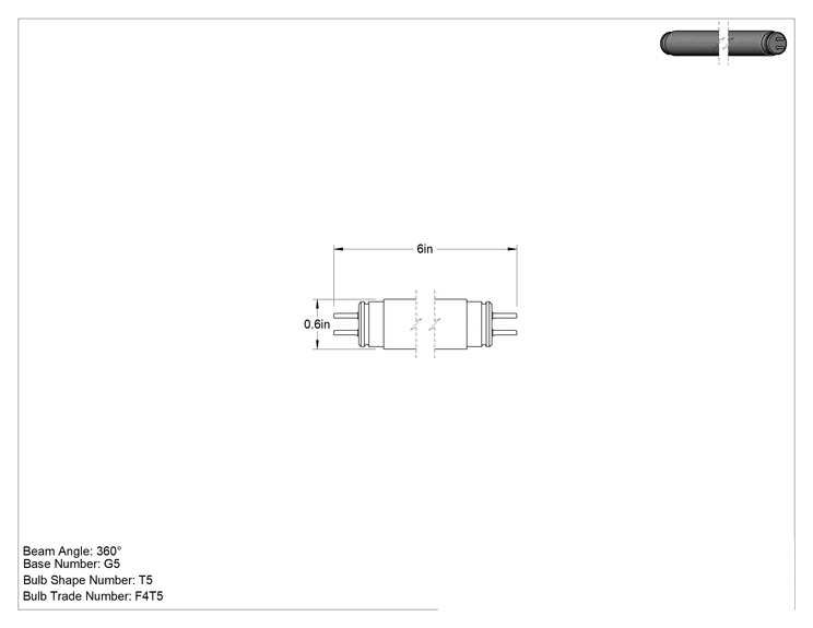 Teknik Çizim - Siyah Işık Mavi Ampul, T5, 4W, 6 inç Uzunluk, Ürün Kodu F4T5