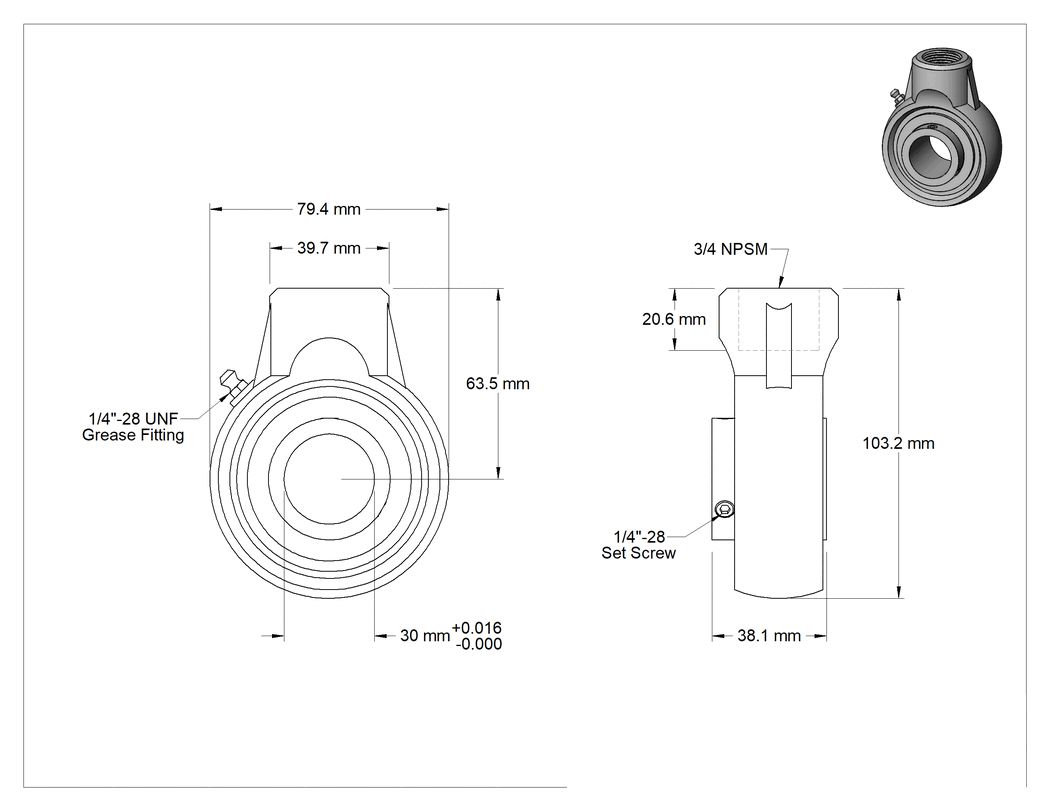 Teknik Çizim - Dişli Montajlı Bilyalı Rulman, 30 mm Mil Çapı için