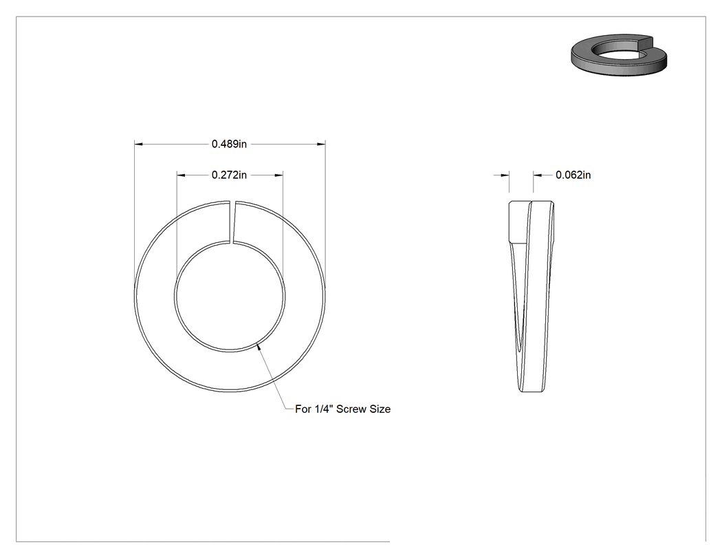 Teknik Çizim - Çinko Kaplı Çelik Yarıklı Kilit Pulları, 1/4" Vida Boyutu için, 0.272" İç Çap, 0.489" Dış Çap