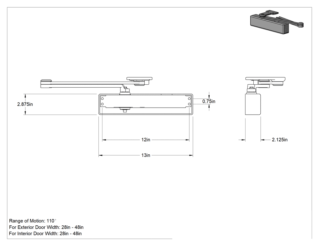 Teknik Çizim - Yoğun Trafik Kapı Kapatıcı, Norton, 8501, 28"-48" İç Kapı Genişliği, Serbest Hareketli