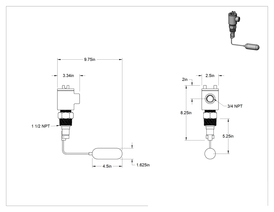 Teknik Çizim - Tehlikeli Ortamlar için Su Şamandıralı Anahtar, 1-1/2 NPT Erkek, 5-1/4" Yerleştirme Derinliği