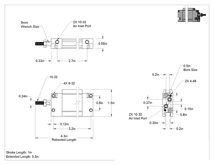 Teknik Çizim - İnce Profilli Esnek Montajlı Hava Silindiri, Dönmeyen, Çift Etkili, 1/2" Delik Çapı, 1" Strok Uzunluğu