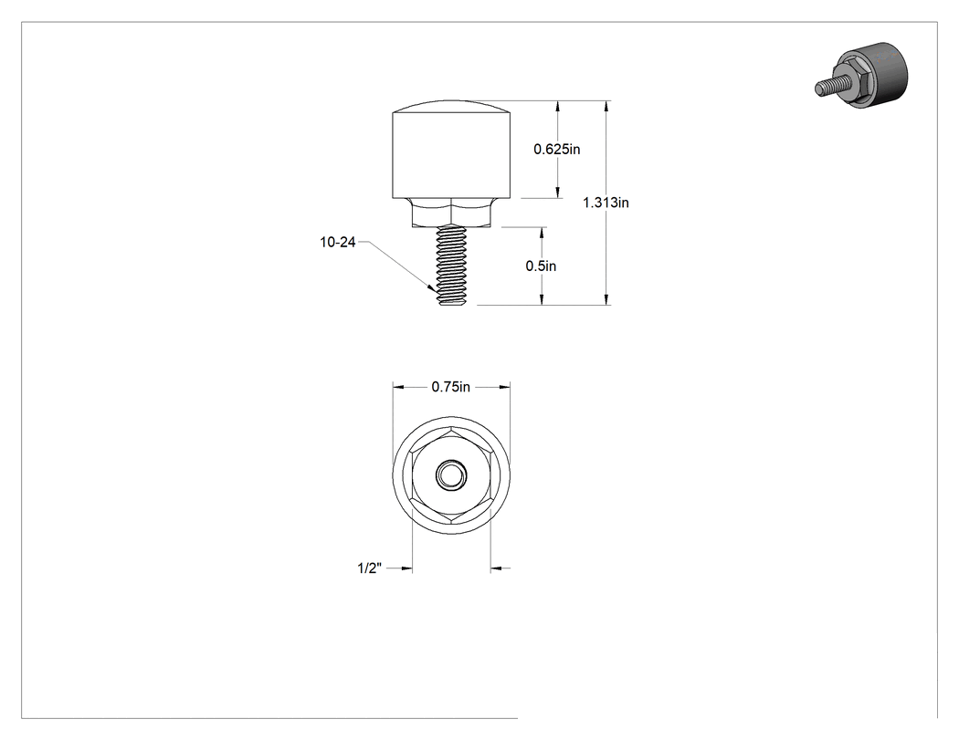 Teknik Çizim - Güçlendirilmiş Dişli Tampon, Çelik Çekirdekli, Poliüretan, 1/2" Uzunlukta 10-24 Saplama, Durometre 80A