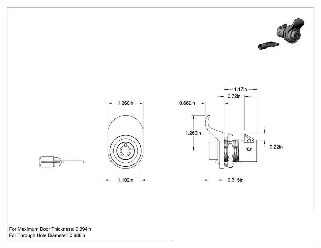 Teknik Çizim - Krom Kaplamalı Çinko Basmalı Kilitli Mandal, Aynı Anahtarlı, Anahtar ve Çekme Tırnağı ile Açılır, 3/8" Maksimum Kapı Kalınlığı