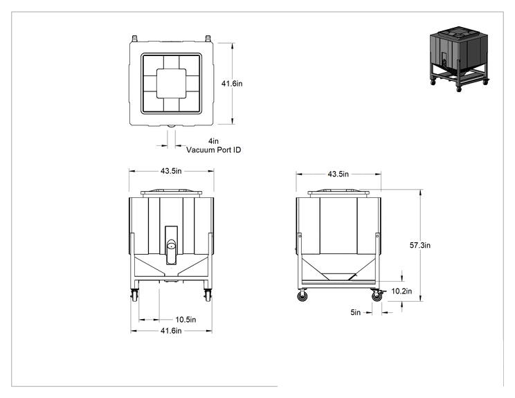 Teknik Çizim - Vakum Bağlantı Noktalı Mobil Küçük Parça Dağıtıcı, 43-1/2 inç Genişlik x 43-1/2 inç Derinlik x 57-1/4 inç Yükseklik