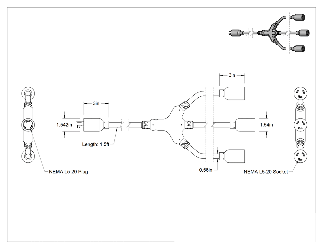 Teknik Çizim - Elektrik Kablosu Adaptörü, 3 Çıkışlı, NEMA L5-20 Fiş x Priz, 1-1/2 Fit Uzunluk