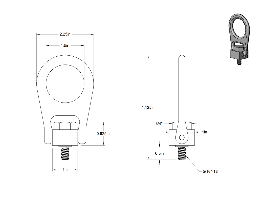 Teknik Çizim - Kaldırma için Kaldırma Halkası, Dövme Çelik, 5/16"-18 Diş Boyutu, 1/2" Diş Uzunluğu
