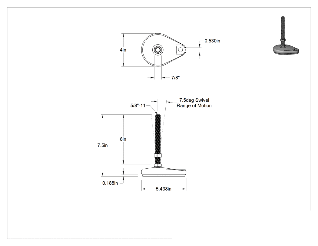 Teknik Çizim - Cam Dolgulu Naylon Sabit Dönen Seviyeleme Montaj Parçası, Yastıklı ve 6" Uzunlukta 5/8"-11 Çinko Kaplı Saplamalı, 1 Ofset Delik