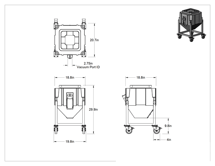 Teknik Çizim - Vakum Bağlantı Noktalı Mobil Küçük Parça Dağıtıcı, 18-3/4" Genişlik x 18-3/4" Derinlik x 29-7/8" Toplam Yükseklik