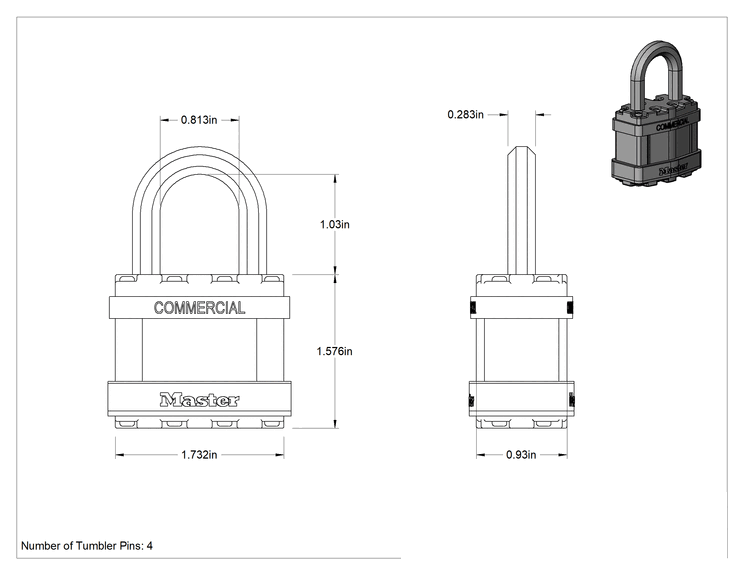 Teknik Çizim - Hava Koşullarına Dayanıklı Eş Anahtarlı Asma Kilit, Sekizgen Şakel, Master Lock M1Kasts, Anahtar Numarası, 0356