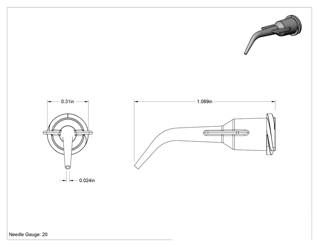 Teknik Çizim - Luer Lock Bağlantılı Şırınga Ucu, Kavisli Uç, 20 G, Siyah