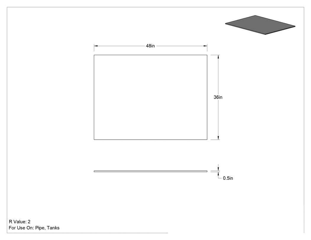 Teknik Çizim - Esnek Kauçuk Köpük Boru Yalıtım Levhası, Düz Arka Yüzeyli Neopren, 1/2" Kalınlık x 36" Genişlik x 48" Uzunluk