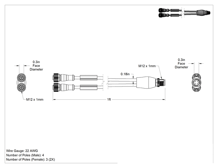 Teknik Çizim - Mikro M12 Kablo Ayırıcı, 4-Kutuplu Fiş x 3-Kutuplu Soket x 3-Kutuplu Soket, 1 fit Uzunluk