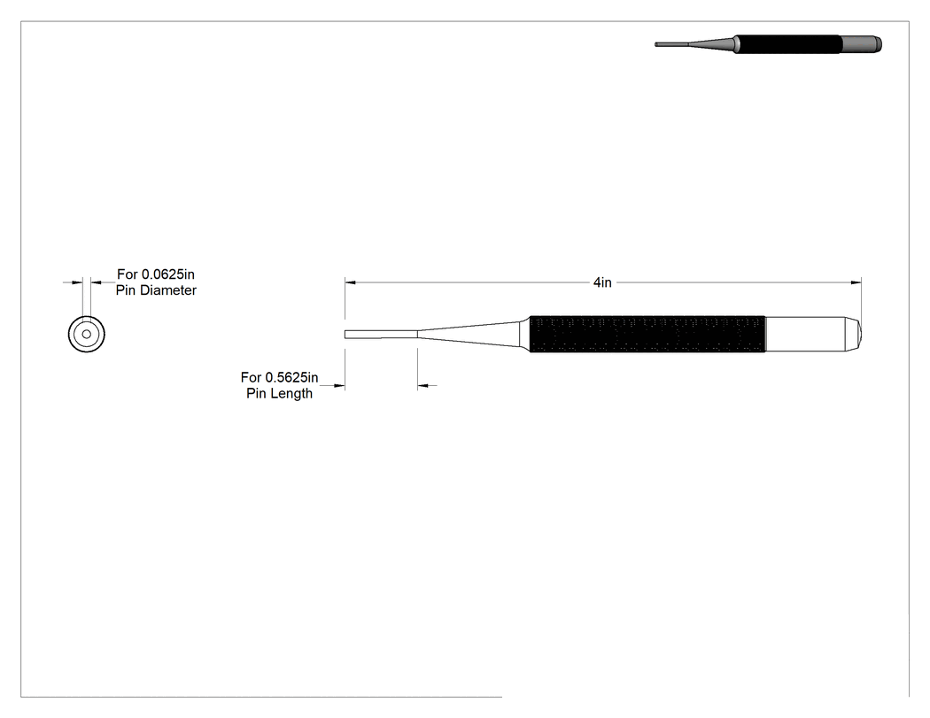 Teknik Çizim - Starrett Pim Çıkarma Zımbası, 1/16" Çap x 9/16" Uzunlukta Pim için, Model Numarası 565A