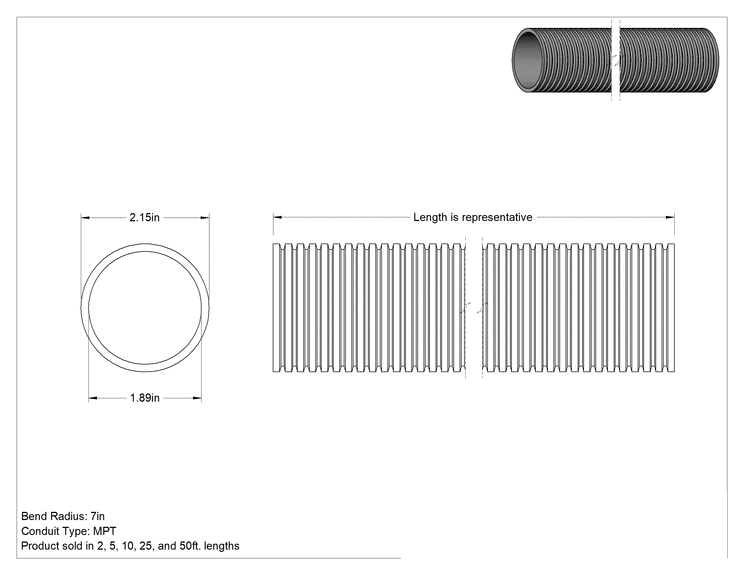 Teknik Çizim - Sürekli Esnek Plastik Kanal, 1.87" İç Çap, 2.15" Dış Çap