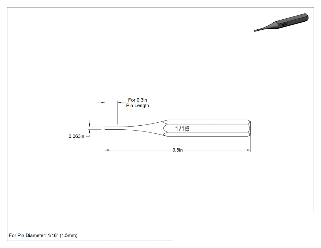 Teknik Çizim - Yüzeyi Çizmeyen Pim Çıkarma Zımbası, 5/16" Uzunlukta 1/16" ve 1.5 mm Çaplı Pimler için